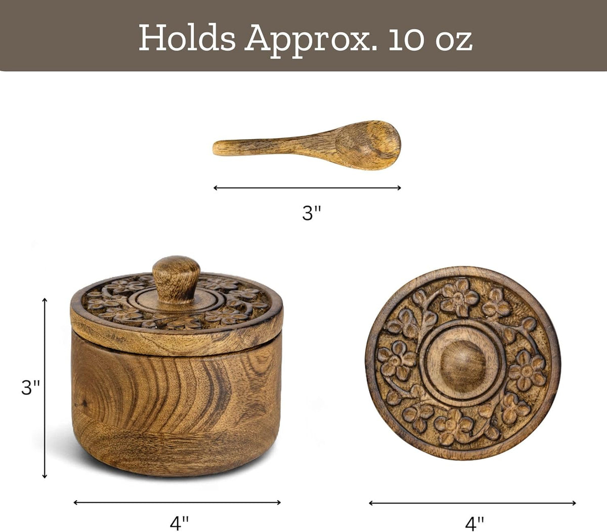 Mie Creations Rustic Salt Box Cellar with Lid & Spoon, Mango Wood Floral