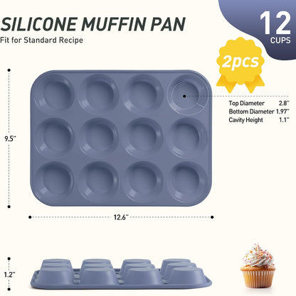 2 Pack 12 Cups Silicone Muffin Pan with Metal Reinforced Frame Regular Size Silicone Molds Cupcake Cake Baking Pans Cookie Baking Chocoflan Cupcake Mold Nonstick Muffin Tin Home Baking Supplies
