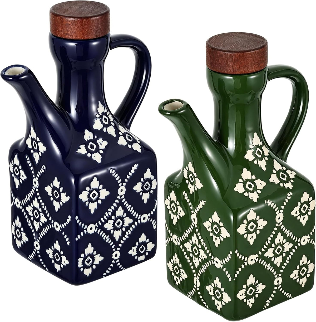 8.5 oz Ceramic Olive Oil Dispenser Bottle Decorative Olive Oil Dispenser Bottle with Handle & Wooden Stopper Relief Opaque Ceramic Oil Cruet for Kitchen Cooking Oil Vinegar (Blue)