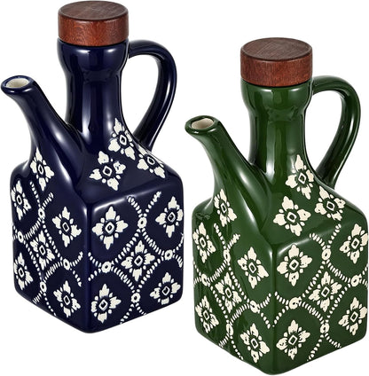 8.5 oz Ceramic Olive Oil Dispenser Bottle Decorative Olive Oil Dispenser Bottle with Handle & Wooden Stopper Relief Opaque Ceramic Oil Cruet for Kitchen Cooking Oil Vinegar (Blue)