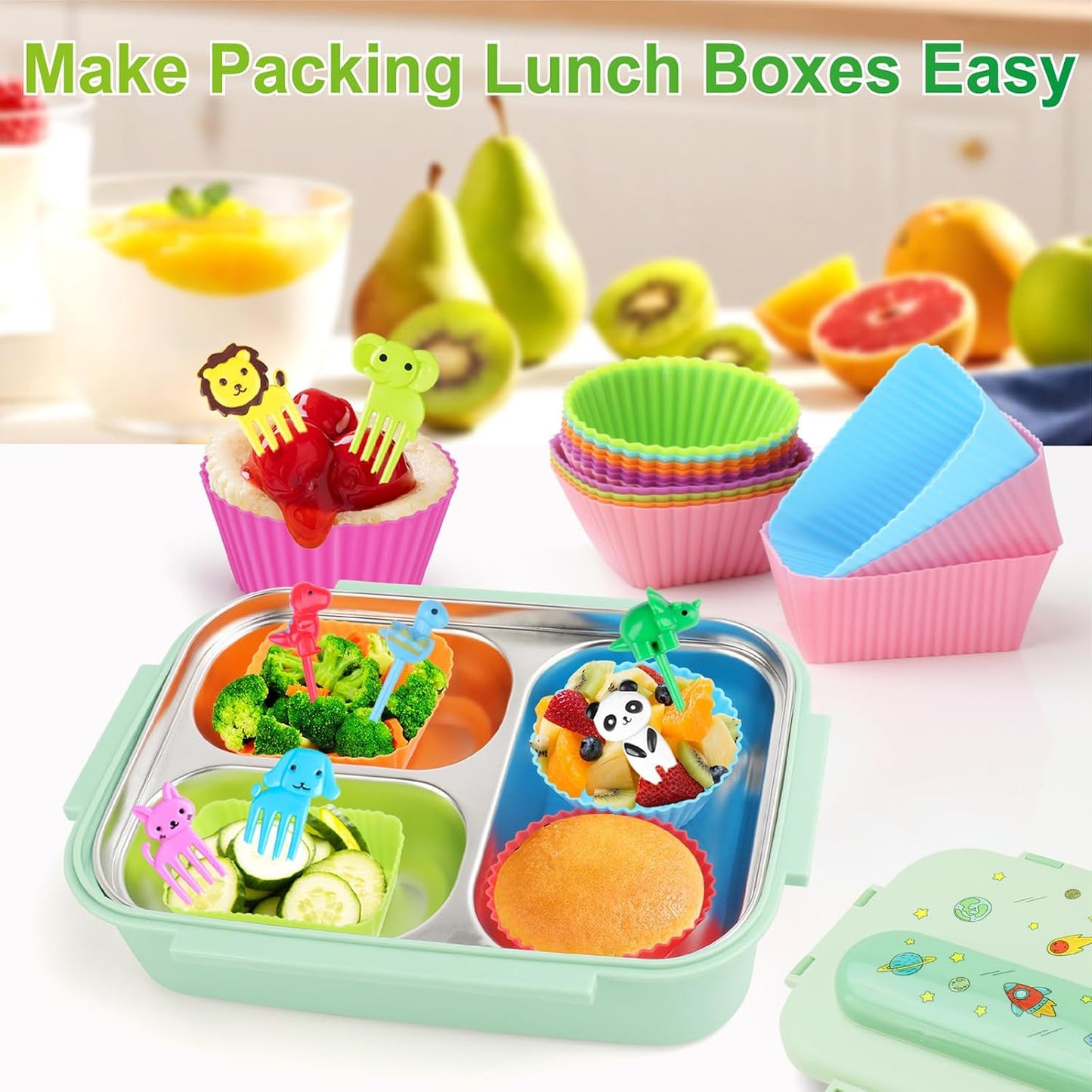 230PCS Silicone Lunch Box Dividers Kit, Reusable Silicone Cupcake Liners Muffin Cups, Fun Lunchbox Bento Box Accessories, Cute Food Picks for Kids (20 Baking Cups + 210 Animal Picks)