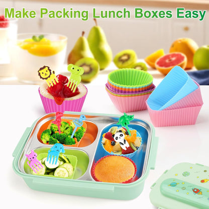 230PCS Silicone Lunch Box Dividers Kit, Reusable Silicone Cupcake Liners Muffin Cups, Fun Lunchbox Bento Box Accessories, Cute Food Picks for Kids (20 Baking Cups + 210 Animal Picks)