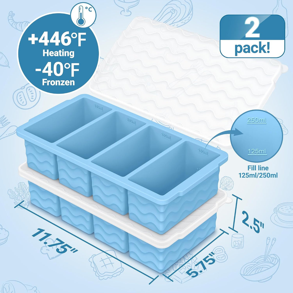 Doasuwish Silicone Freezer Molds for Soup with Lid – 1-Cup Soup Container Style Ice Cube Trays for Freezer, Meal Prep & Food Storage, Freeze 250mL/125mL Portions – 2 Pack