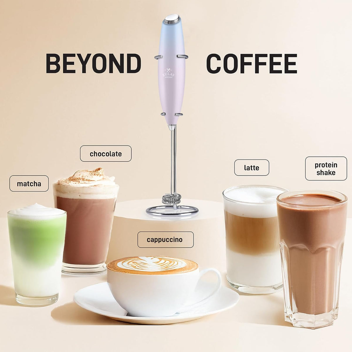 Zulay Kitchen Rechargeable Milk Frother Handheld - Frother Wand, Drink Mixer, Electric Whisk Frother, for Cappuccinos, Matcha & Protein Powder - Dynamic 3 Whisk, 3 Speed 500mAh Black - Colors B