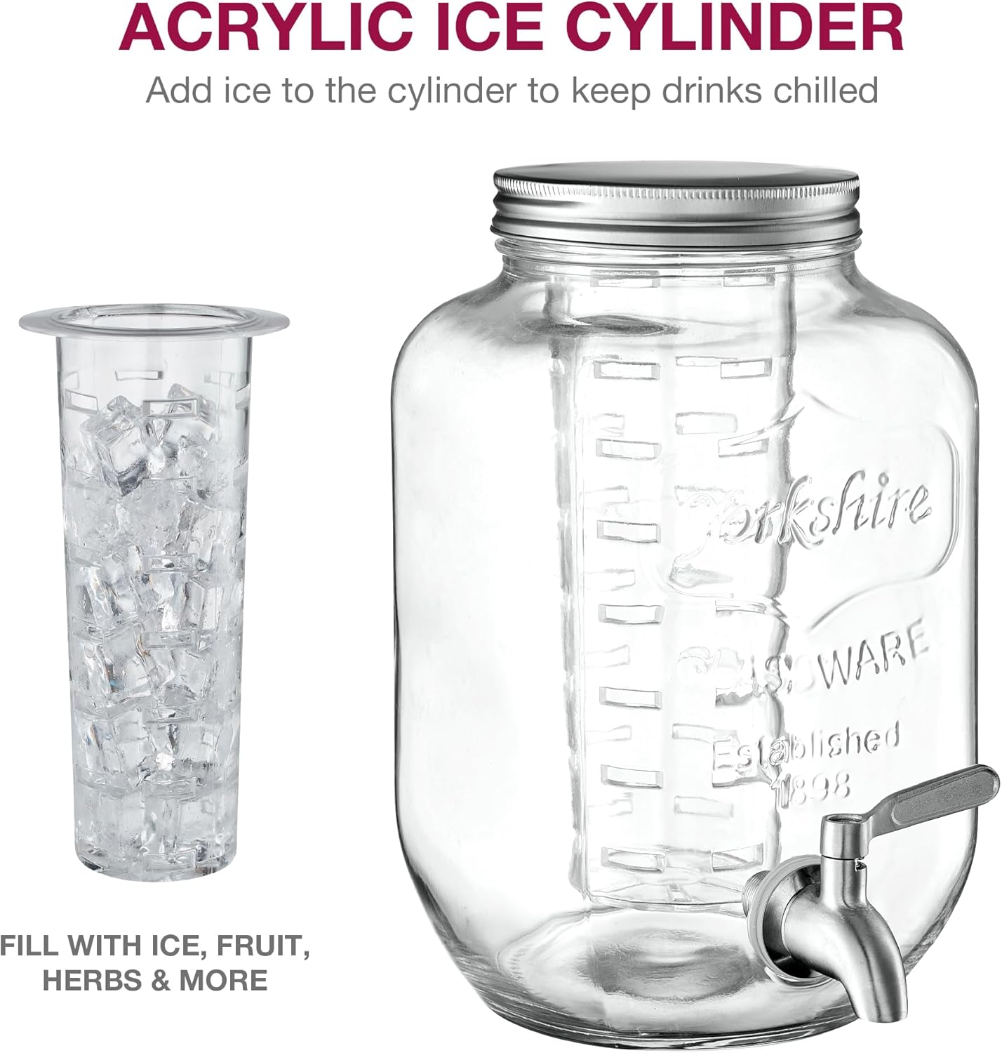 FineDine Glass Drink Dispenser with Stand & Stainless Steel Spigot – 1 Gallon drink dispensers for parties, glass beverage dispenser Set, punch bowl for Lemonade, Juice, Infused Water & More, 2 Pack