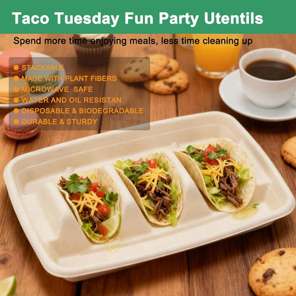 25 Pcs Disposable Taco Holders For Party, Premium Paper Taco Plates With 3 Dividers, Taco Gifts For Christmas, Oven & Dishwasher & Grill Safe, Taco Bar Serving Set For A Party