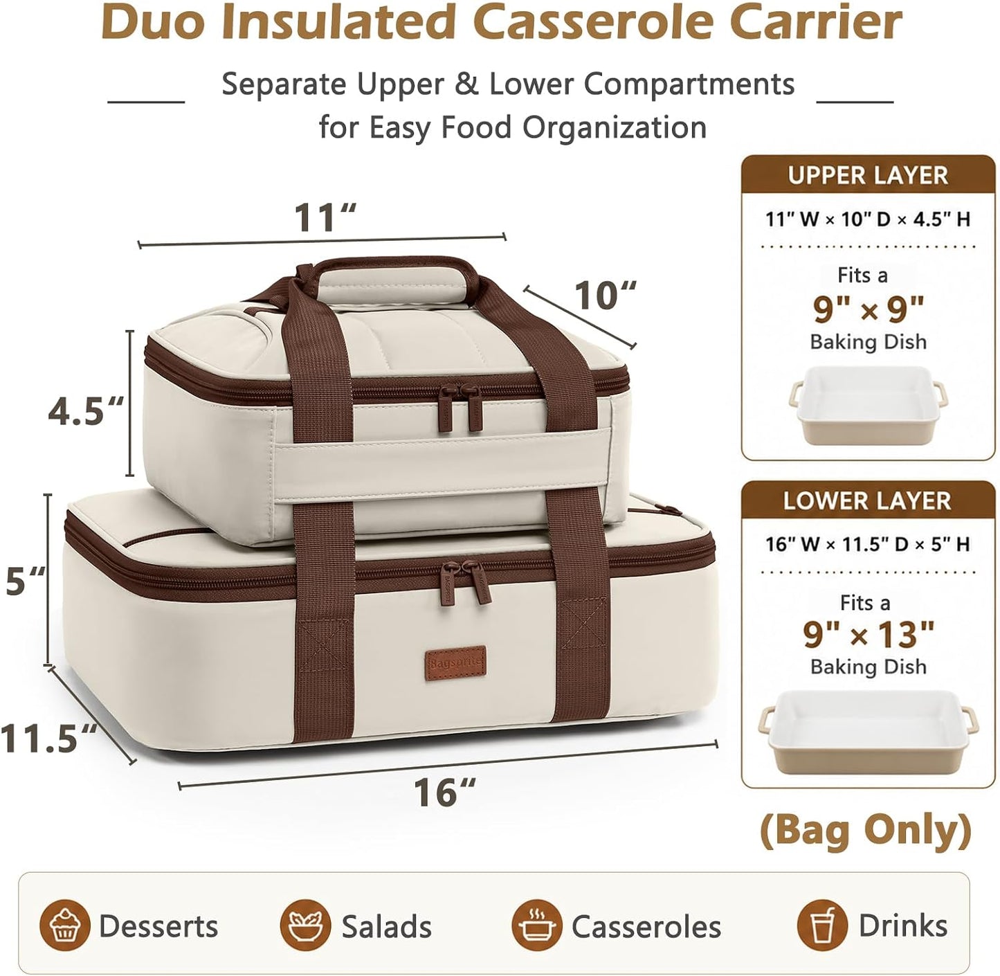 2-Piece Insulated Casserole Carrier Set, Fits 9" x 13" Baking Dish, Food Transport Carrier for Hot & Cold Dishes, Reusable Potluck Tote for Thanksgiving, Holiday Parties, Family Gatherings & Travel