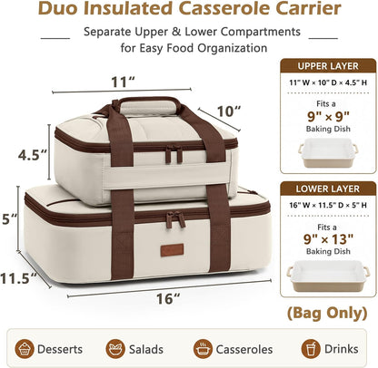 2-Piece Insulated Casserole Carrier Set, Fits 9" x 13" Baking Dish, Food Transport Carrier for Hot & Cold Dishes, Reusable Potluck Tote for Thanksgiving, Holiday Parties, Family Gatherings & Travel