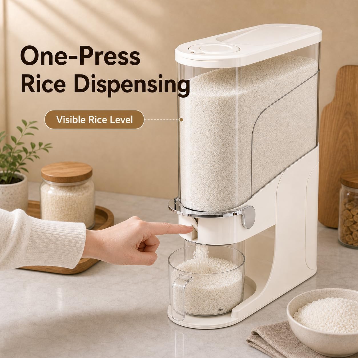 Rice Dispenser 11 Lb, Slim Rice Storage Container with Double Sealing Strip, Press to Dispense Cereal Container Airtight for Kitchen Pantry Organization, (Ivory White-11lb)