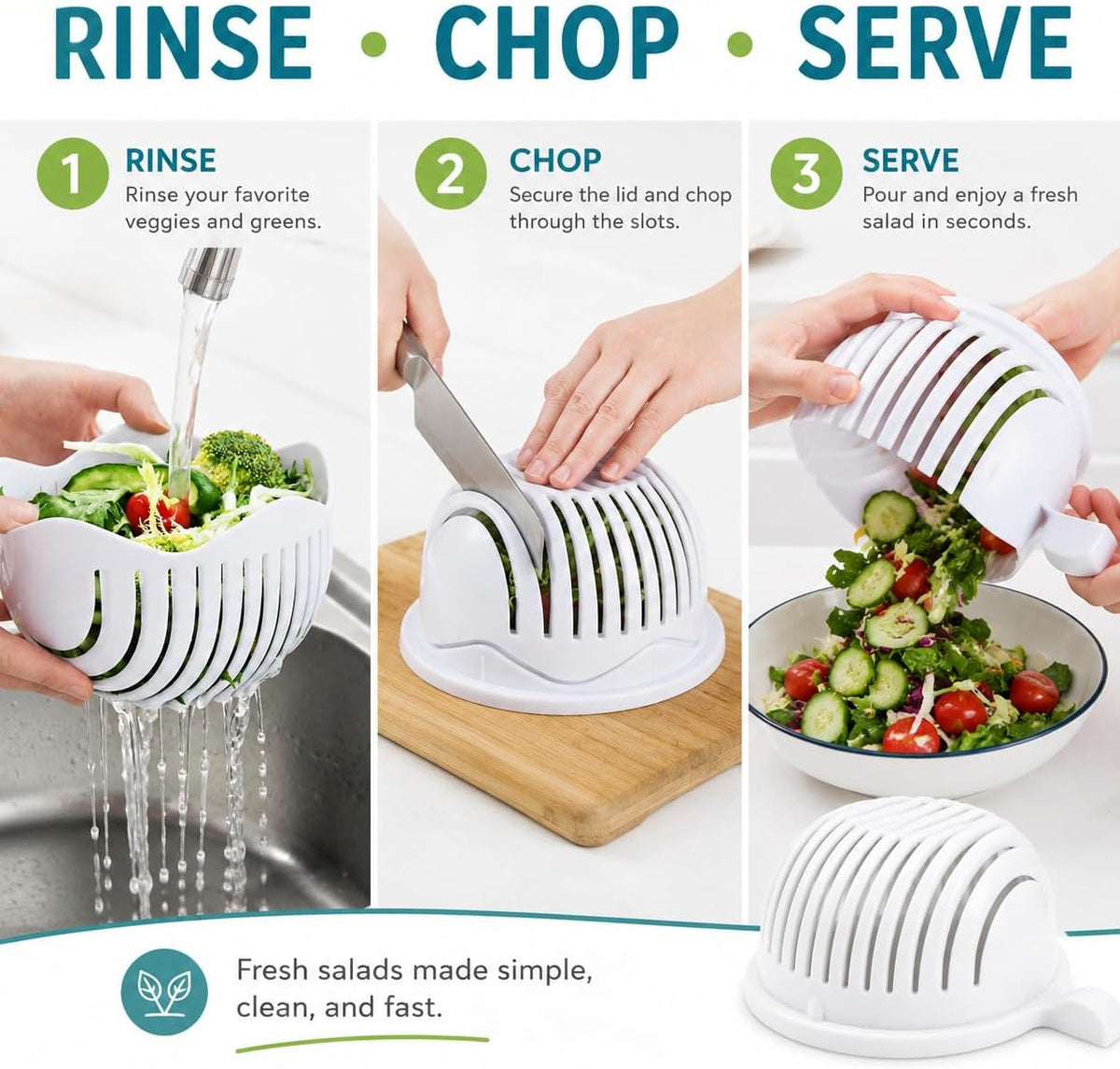 Salad Chopper Bowl with Slits, Fruit Vegetable Cutter, White