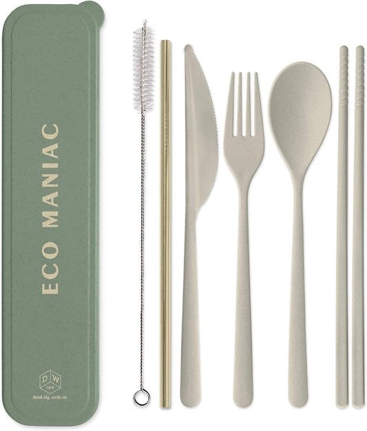 Designworks Ink Reusable Cutlery Set Utensils for Lunch Box, 7-Piece, Forest Green - Eco Maniac Plastic Flatware with Forks, Spoon, Knife, Chopsticks, Metal Straw in Portable Travel Case