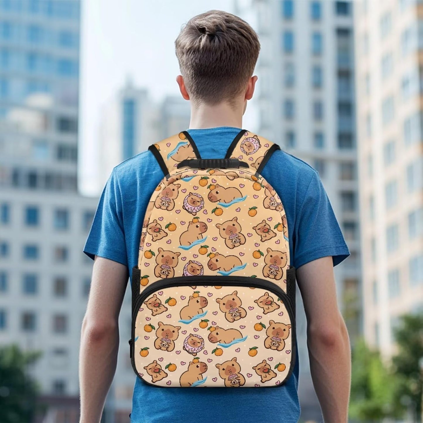 Cute Capybara Pizza Backpack for Girls, 5 Pcs Boys School Bag Set for Kids, 17 Inch Backpacks Lunch Pencil Box Reusable Utensils Case Set for Middle Elementary School, 3rd Grade Backpack