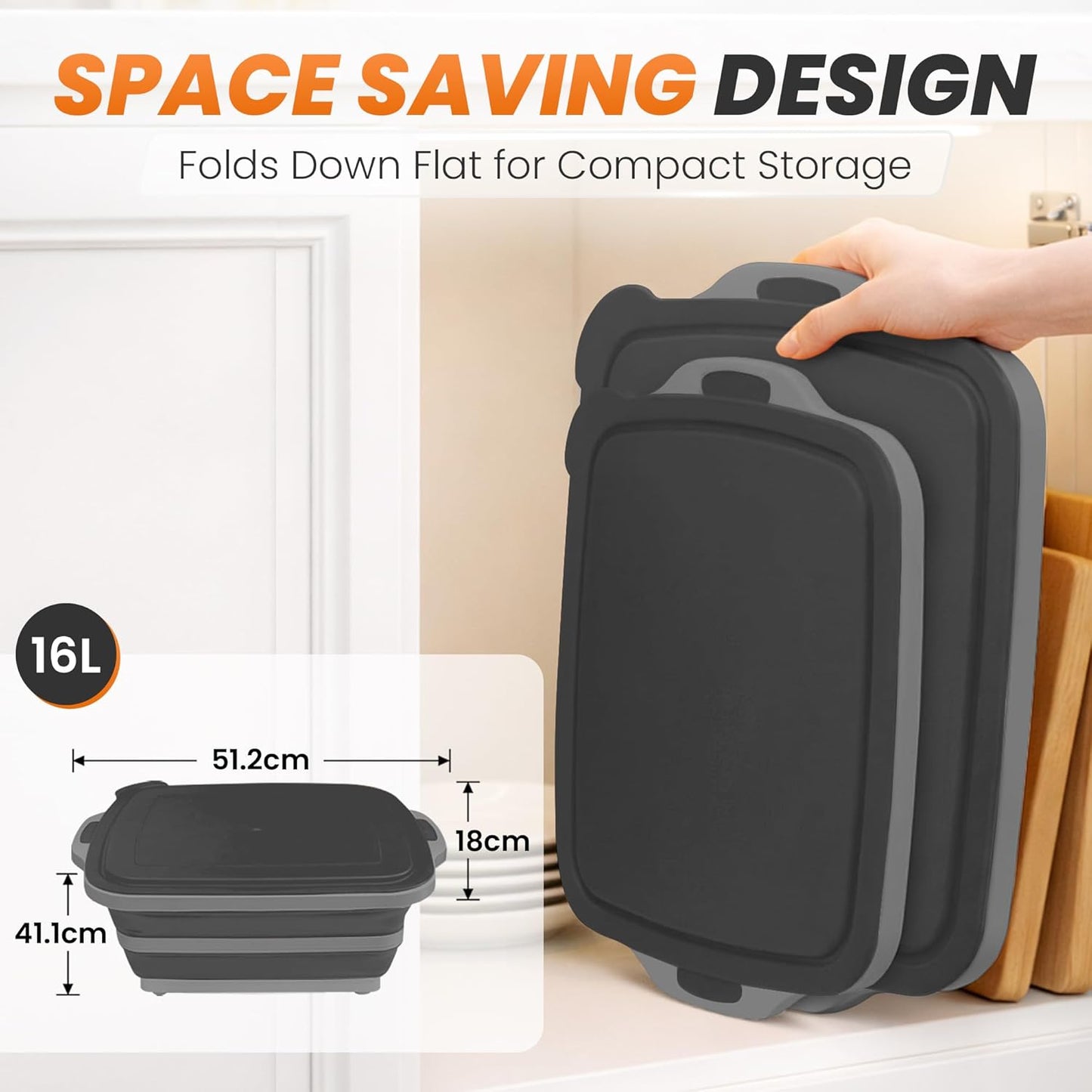 4 in 1 Large Collapsible BBQ Prep Tub with Lid - 16L Foldable Camping Sink with Colander & Cutting Board, Multipurpose Dish Basin for Kitchen, Meat Prep, Vegetables, Fruit, Picnic & Outdoor Cooking