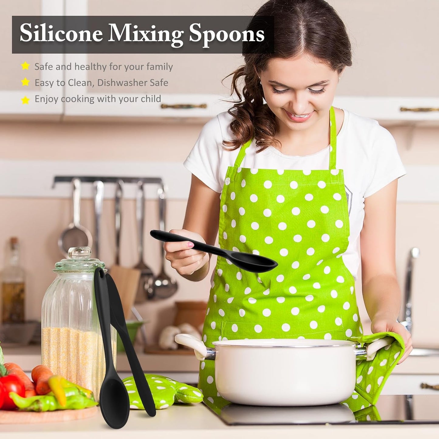 Shappy 4 Pieces Silicone Cooking Spoons 10.6 Inch Heat Resistant Kitchen Spoons for Mixing, Serving and Stirring Upgrade Large Non Stick Basting Utensils, Dishwasher Safe(Spoon,Fashionable Color)