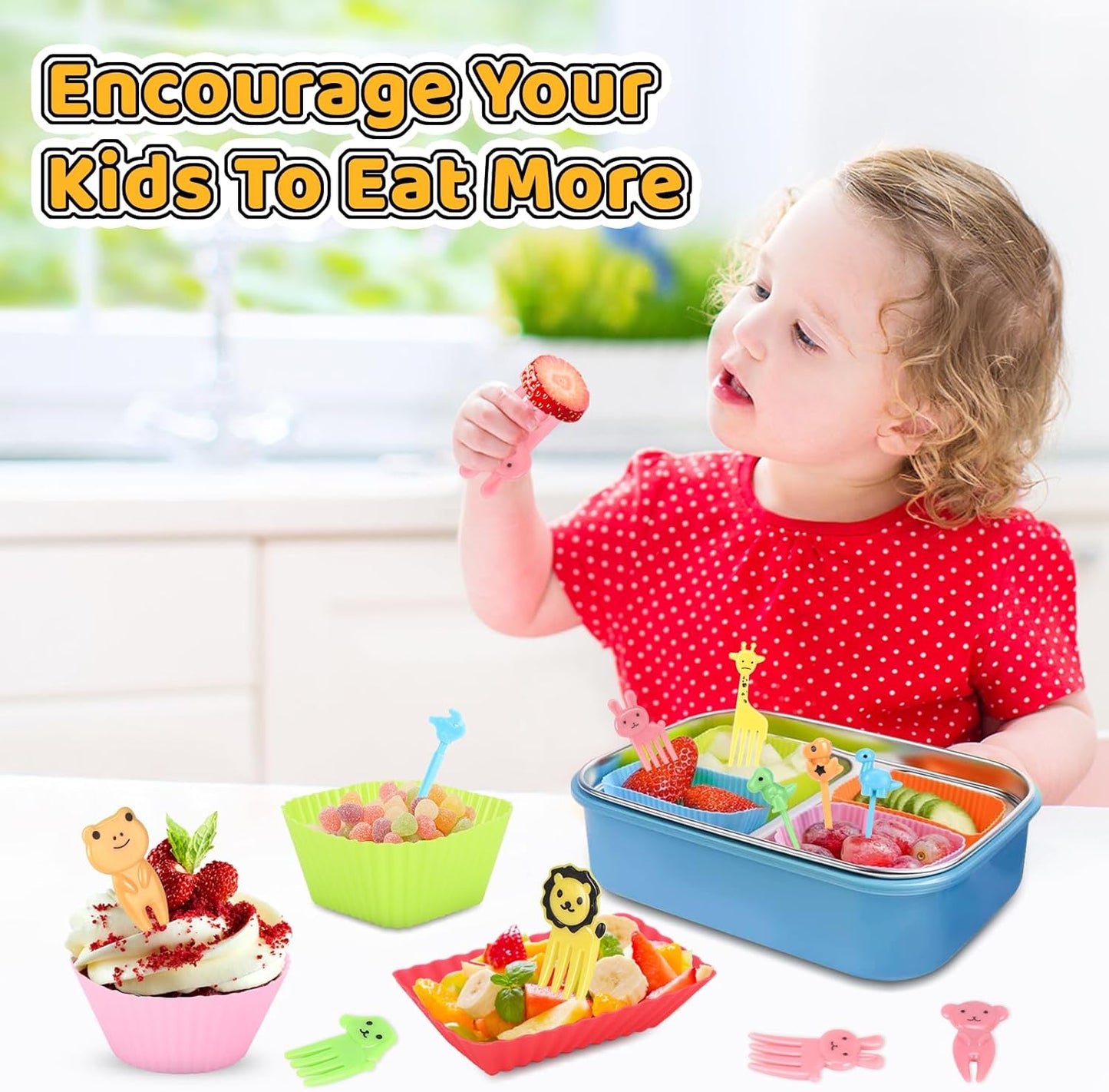 Axlksia 80 Pcs Silicone Lunch Box Dividers Set, Reusable Cupcake Liners for Baking, Colorful Lunch Bento Box Accessories with Cute Animal Food Picks (20 Cupcake Liners + 60 Animal Picks)