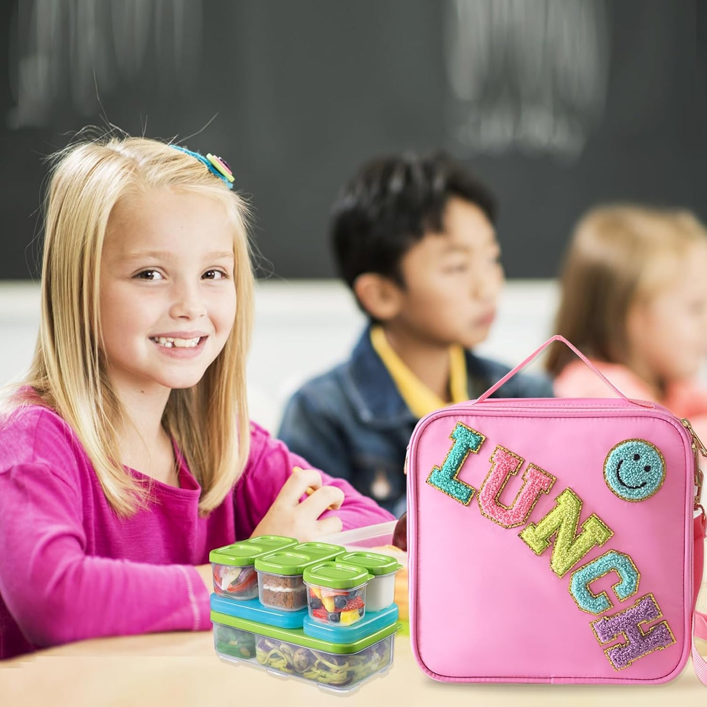 Insulated Lunch Bag With Adjustable Shoulder Strap, Nylon Preppy Lunch Box Large Insulated Lunch Bag Reusable Lunch Tote Bag with Smiley Preppy LunchBag for Girls School Travel Picnic (Green)