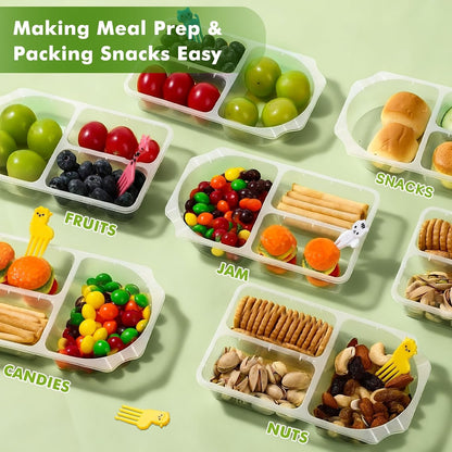 16 Sets 8.8 OZ Reusable Snack Containers with Lids, New 3-Compartment BPA-Free Portion Control Containers for Kids Lunch, Meal Prep & On-the-Go, Refrigerator & Microwave Safe with 10 Animal Forks