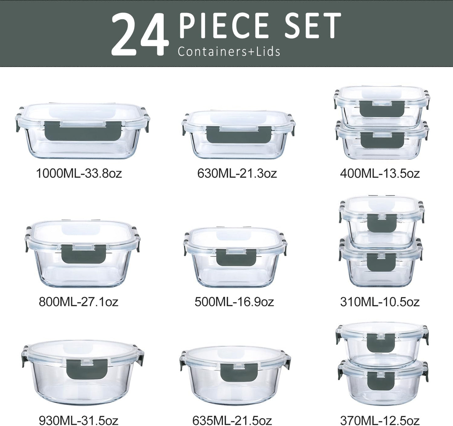 M MCIRCO 24-Piece Glass Food Storage Containers with Upgraded Snap Locking Lids,Glass Meal Prep Containers Set - Airtight Lunch Containers, Microwave, Oven, Freezer and Dishwasher