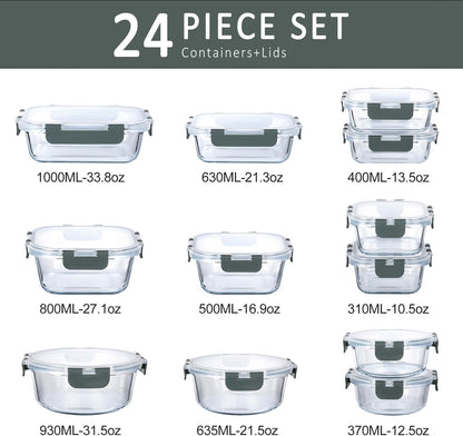 M MCIRCO 24-Piece Glass Food Storage Containers with Upgraded Snap Locking Lids,Glass Meal Prep Containers Set - Airtight Lunch Containers, Microwave, Oven, Freezer and Dishwasher
