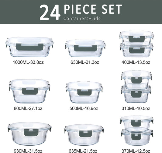 M MCIRCO 24-Piece Glass Food Storage Containers with Upgraded Snap Locking Lids,Glass Meal Prep Containers Set - Airtight Lunch Containers, Microwave, Oven, Freezer and Dishwasher
