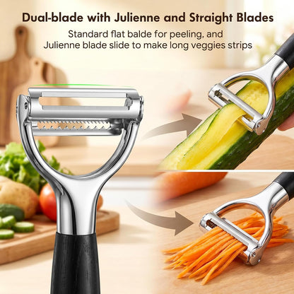 2-in-1 Julienne Peeler & Vegetable Peeler – Heavy-Duty Y-Peeler with Sharp Flat & Julienne Blades, Multifunctional Kitchen Tool for Potatoes, Carrots, Cucumbers, Zucchini & Fruit