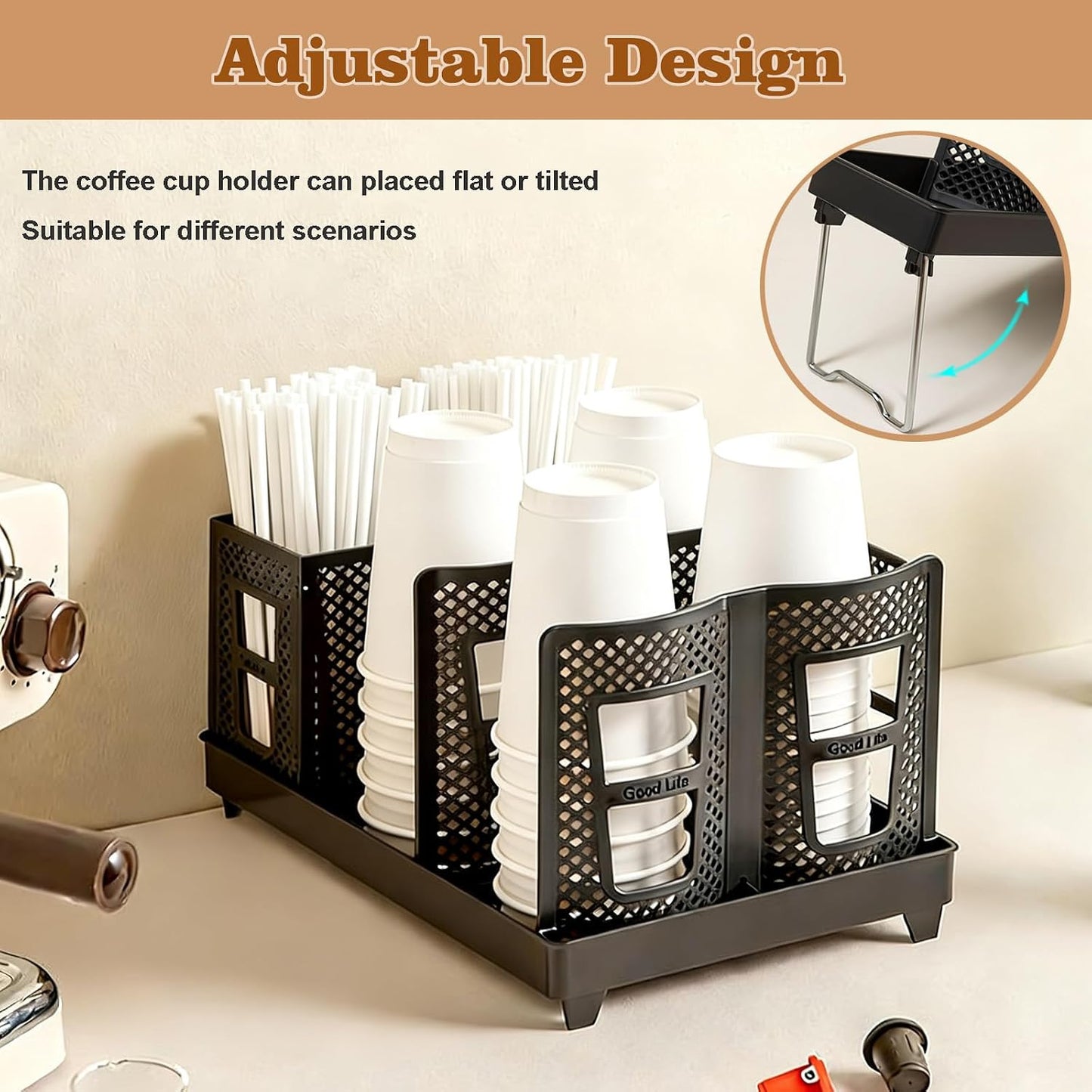 Cup and Lid Holder with Straw Organizer, 8-20oz Paper Cup Dispenser Unbreakable 2-in-1 Adjustable Disposable Paper Cup Holder for Countertop Coffee Station Home Office Bar