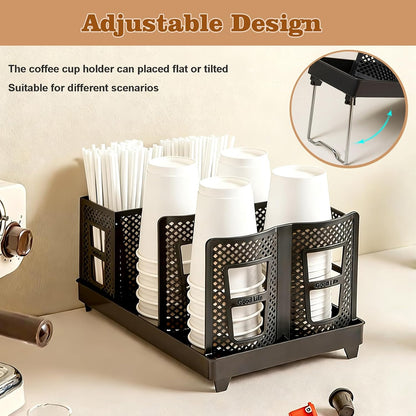 Cup and Lid Holder with Straw Organizer, 8-20oz Paper Cup Dispenser Unbreakable 2-in-1 Adjustable Disposable Paper Cup Holder for Countertop Coffee Station Home Office Bar
