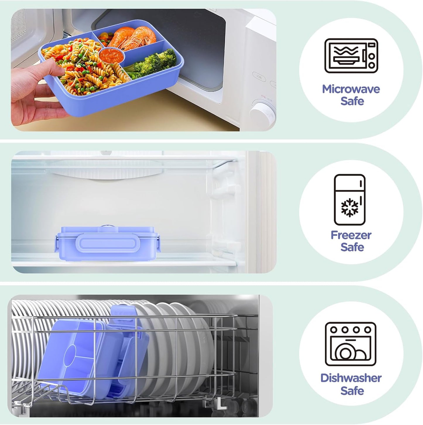 Jelife Bento Lunch Box for Kids - Leakproof Large Bento-Style with 4 Compartments Portions Lunchbox with Tableware Back to School, Reusable On-the-Go Meal and Snack Packing, Blue