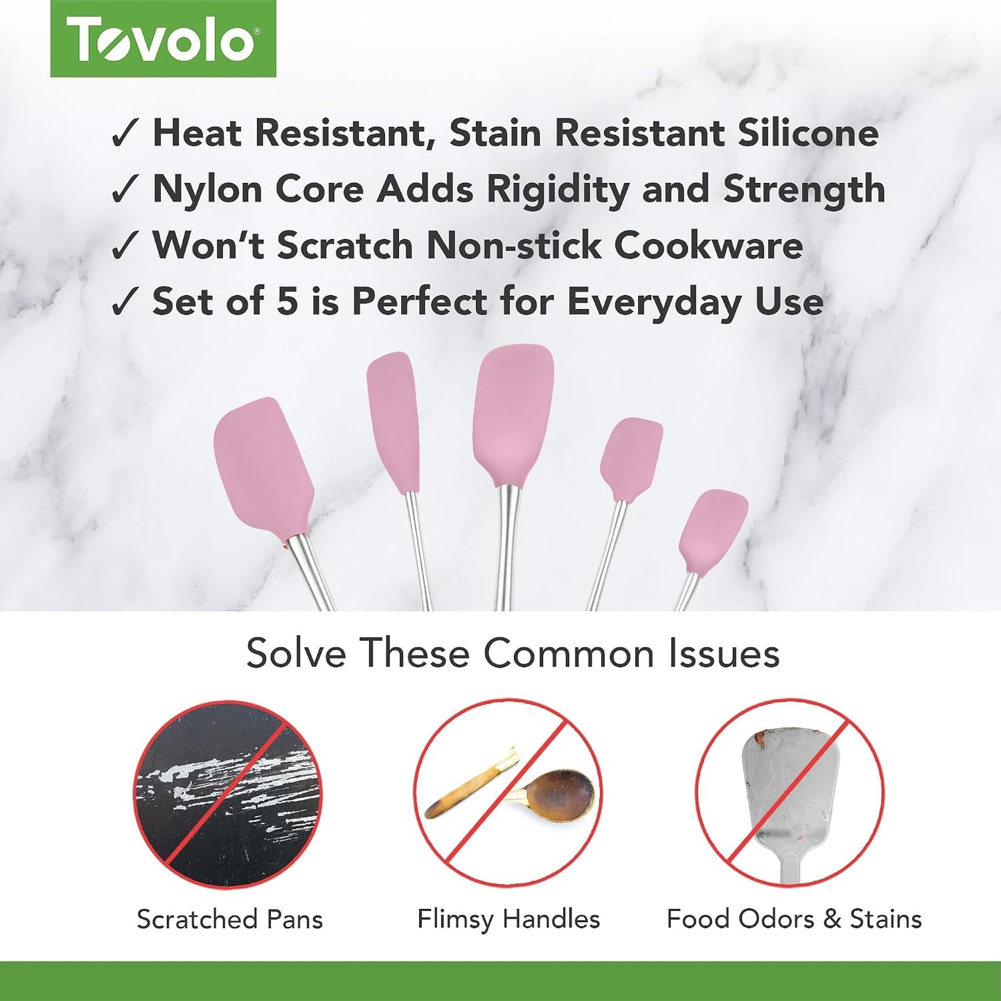 Tovolo Flex Core 5 Piece Silicone Spatula Set Heat Resistant All Silicone Utensils Include Non Stick Spatula Spoonula Jar Scraper, Dishwasher Safe BPA Free Spatulas for Baking Mixing, White