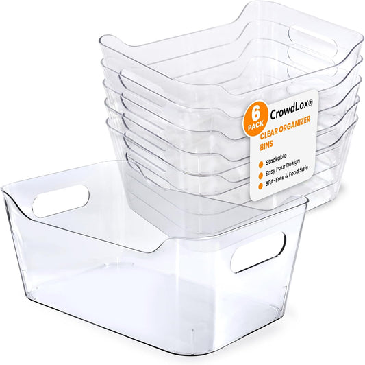 6 Pack Clear Plastic Storage Bins with Lids & Labels, Stackable Organizer Containers with Built-In Handles, BPA-Free Pantry Organization Bins for Kitchen