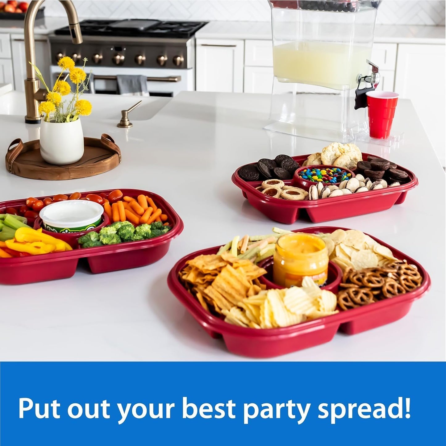 Buddeez Jumbo Divided Serving Tray with Lid - Includes 6 Bins for Party Platter, Snackle Box Container, Fruit and Veggie Tray, Chip