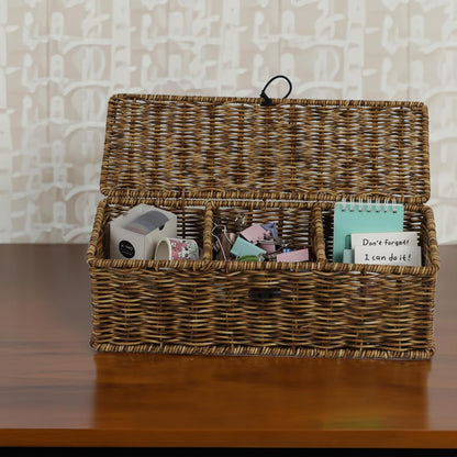 Water Hyacinth Storage Basket with Lid, Rectangular Tank Woven Wicker Baskets with Sections, Decorative Box for Snack Toys Bathroom (Water Hyacinth)