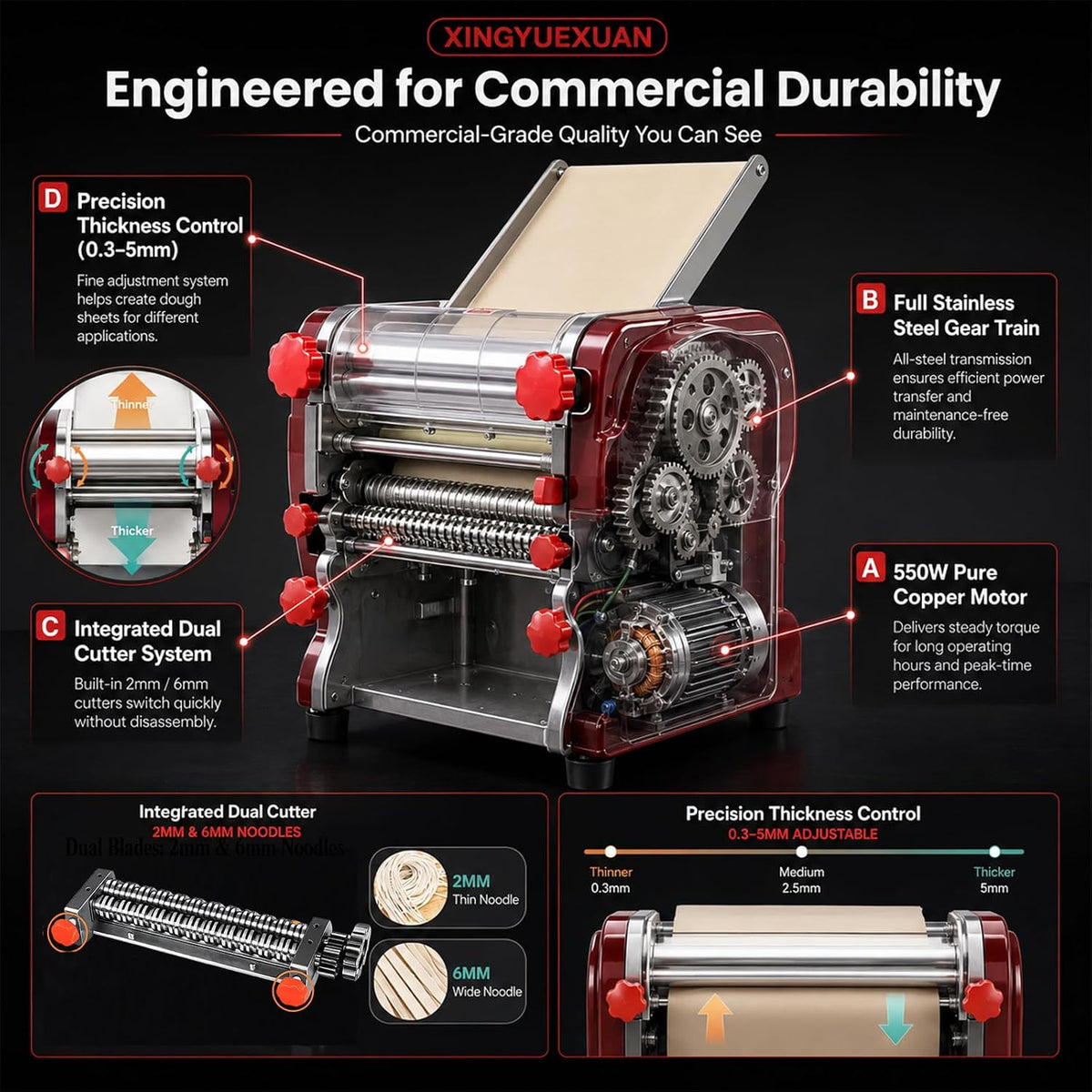 XINGYUEXUAN Pasta Maker Machine, Manual Noodle Maker, 2mm & 4mm Cutters