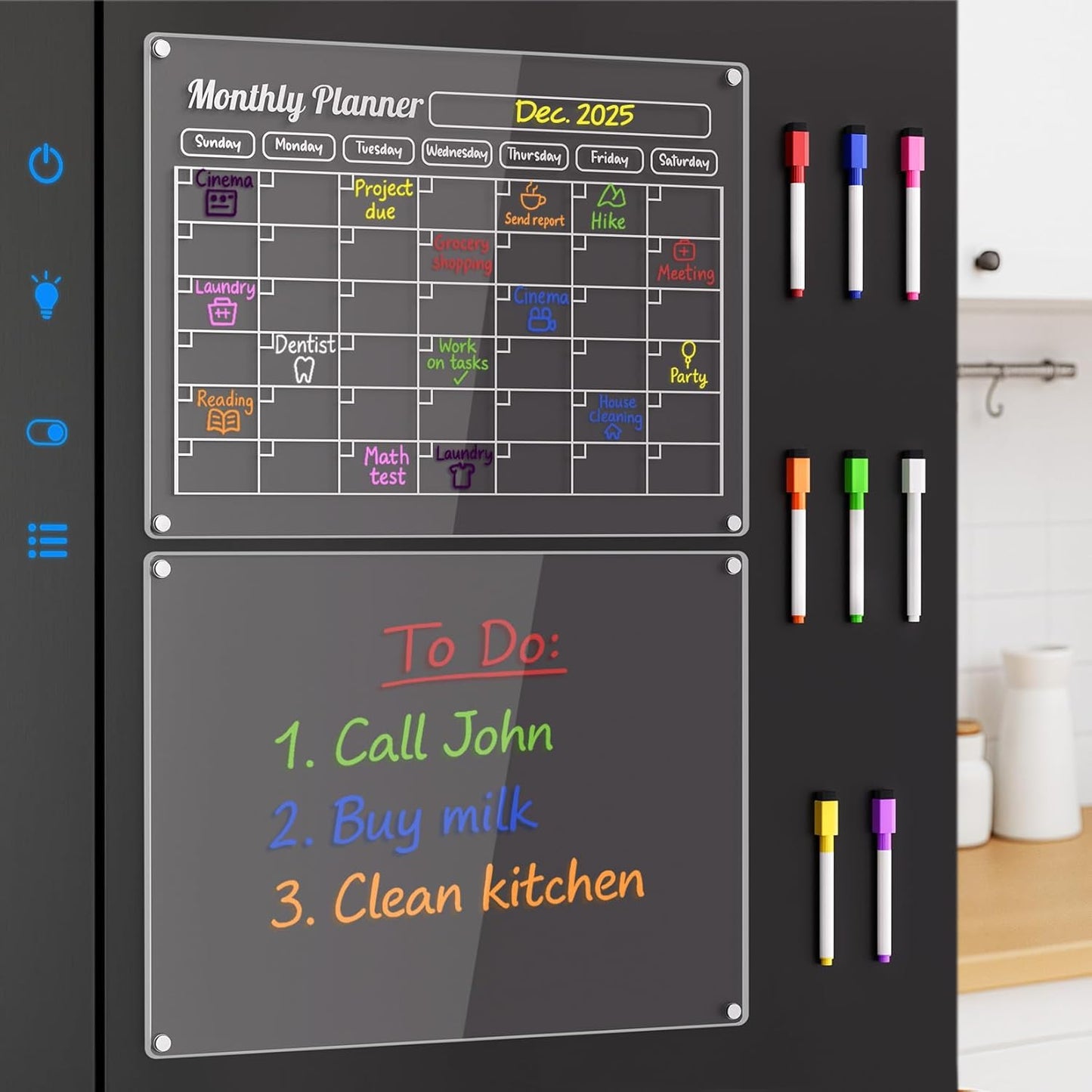 Grtard 3 Pack Acrylic Calendar for Fridge, Magnetic Calendar for Refrigerator, 16"x12" Dry Erase Whiteboard Fridge Calendar,2026 Clear Monthly Weekly Daily Memo Planning Board with 8 Markers