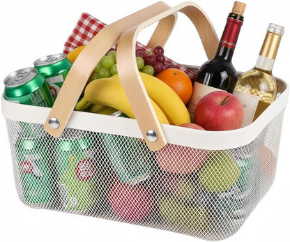 Portable Mesh Harvest Basket - Natural Bamboo Handle Foldable Organizer for Kitchen, Garden & Picnic | Ventilated Storage Bin with Rust-Proof Wire, Space-Saving Farmhouse Decor (Pink)
