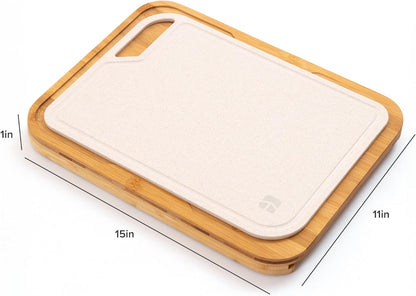 KitchenEdge Premium Acacia Cutting Board with Nesting Rice Fiber Chopping Board for Cooking Prep, 2 Piece Kitchen Set, Non-Slip Feet with Juice Groove, Heavy Duty, Pre Oiled, 17” x 12.5”