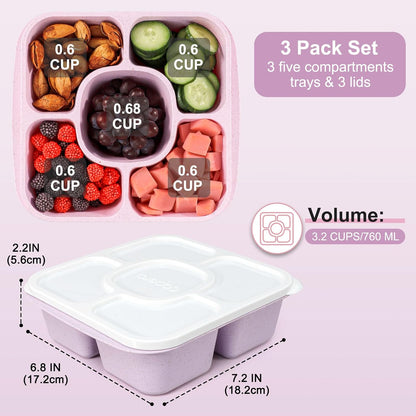 Caperci 5-Pack Lunchable Container Set for Kids & Adults - Reusable Bento Snack Box Containers with 5-Compartment for Food Storage & Meal Prep, Wheat Straw, BPA-Free (Dark & Clear Lids)