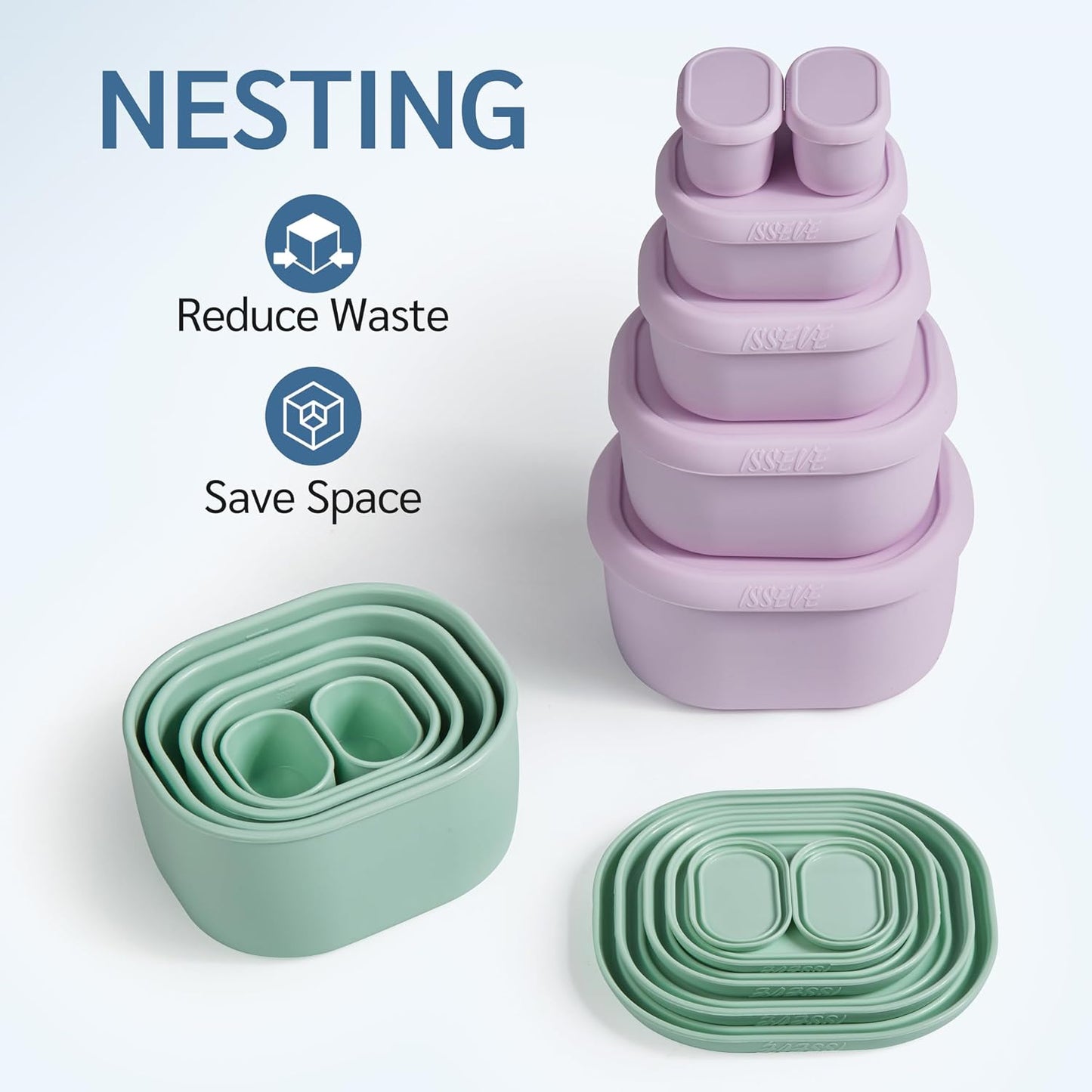 ISSEVE 12Pcs/Set Nesting Silicone Food Storage Containers with Lids, BPA Free Reusable Meal Prep Silicone Containers Airtight, Freezer Dishwasher Safe (33.8oz, 20oz, 10oz, 6.7oz, 1.3oz) (Beige)