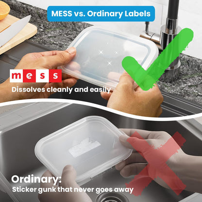 MESS Dissolvable Freezer Labels – 500/Roll Blank Removable Labels for Containers, Food Storage, Bottles, Jars, and Freezer Use (500, 1x2)