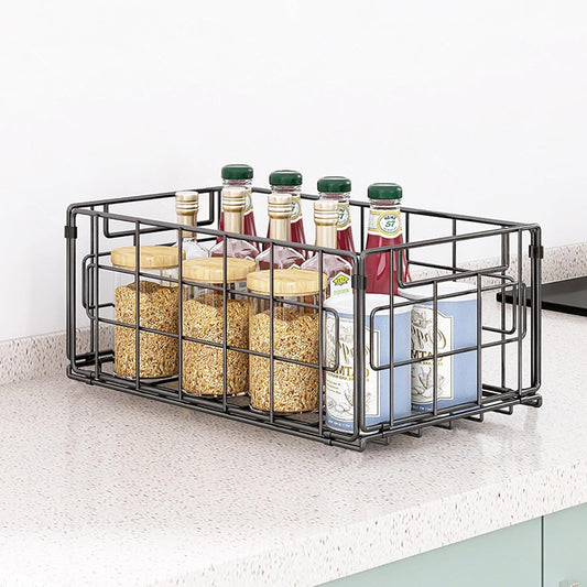 2Pack Wire Storage Bins Baskets,13.8inch Large Foldable Organizer Multipurpose Steel Basket Pantry Storage Bin Rack with Handle for Kitchen Cabinets, Pantry, Freezer, Bathroom,Closets 35x21.5x16 cm