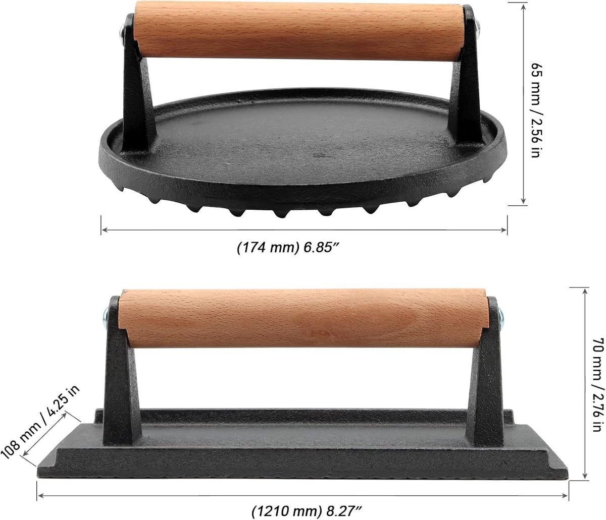 MOUYAT 2 Pack Cast Iron Grill Press, 6.8 Inch Round and 8 Inch Rectangle Heavy Grill Weight Bacon Griddle Press with Wooden Handle, Flat Cooking Weight Press Steak Weights for Bacon Burgers Meat BBQ