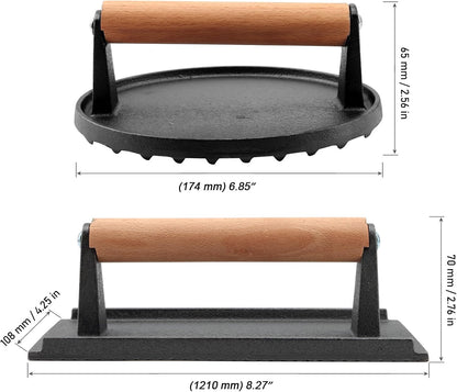 MOUYAT 2 Pack Cast Iron Grill Press, 6.8 Inch Round and 8 Inch Rectangle Heavy Grill Weight Bacon Griddle Press with Wooden Handle, Flat Cooking Weight Press Steak Weights for Bacon Burgers Meat BBQ