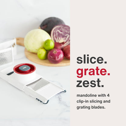 Zyliss Easy Control Handheld Slicer - Vegetable Slicer & Chopper - Fruit Cutter - Handheld Slicer with Two Stainless Steel Blades - Dishwasher Safe - White/Red, 13 inches