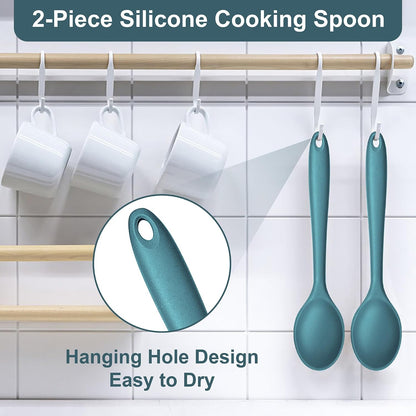 E-far Silicone Cooking Spoon Set of 2, Heat Resistant Kitchen Spoons Utensils Nonstick Mixing Spoon for Baking Stirring Serving, Non-Toxic & Dishwasher Safe (Black)