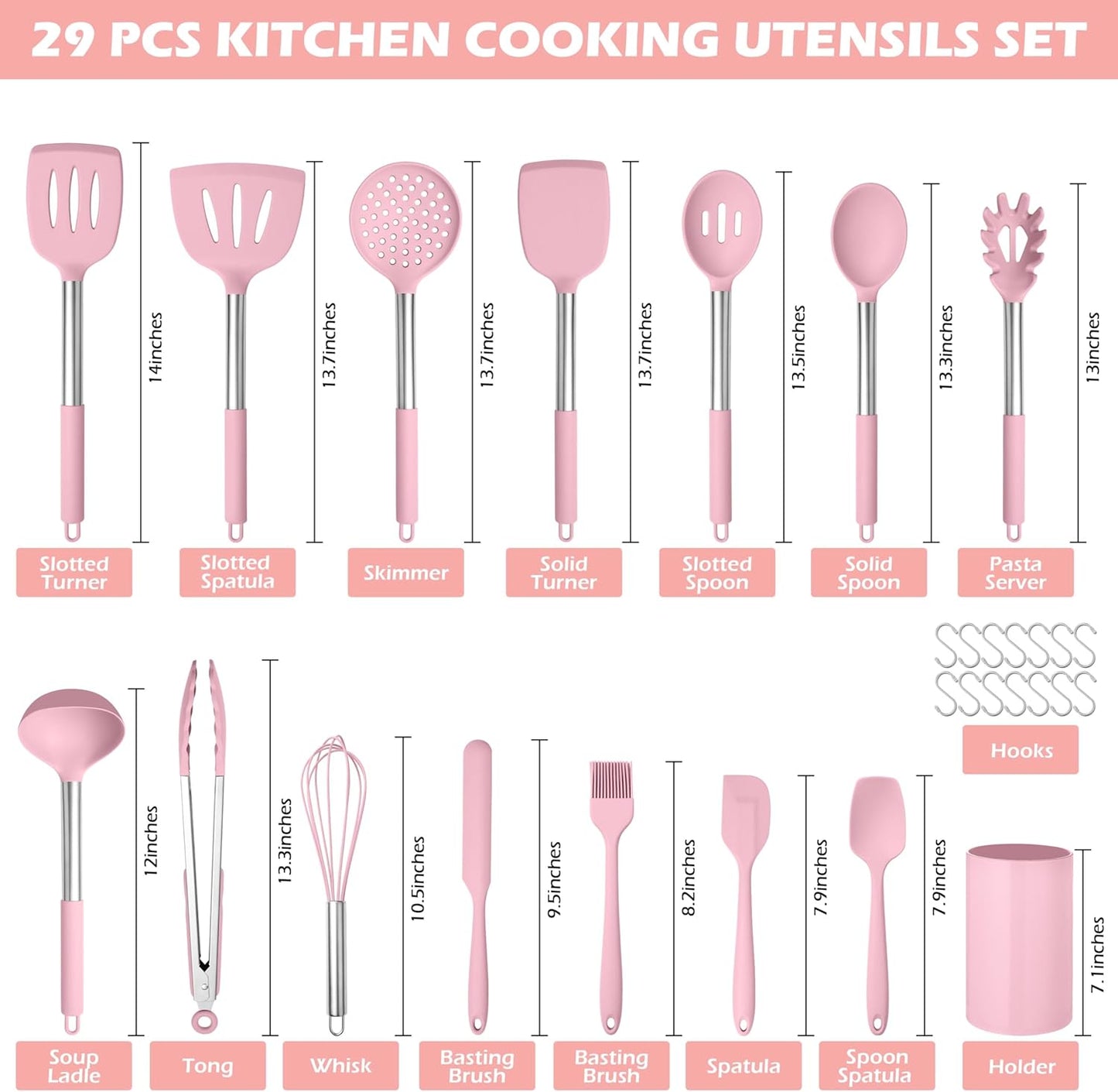 HaWare 29 PCS Silicone Cooking Utensils Set, Heat Resistant Kitchen Utensils Set with Stainless Steel Handle, Spatula Sets with Holder and Hooks, Kitchen Tools Gadgets for Nonstick Cookware -Khaki