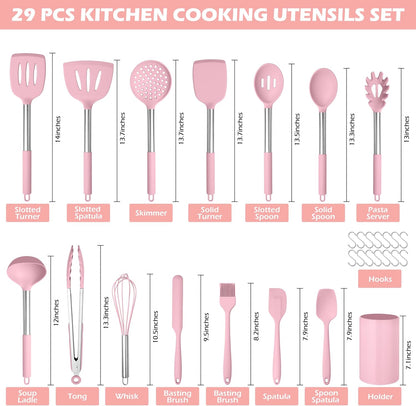 HaWare 29 PCS Silicone Cooking Utensils Set, Heat Resistant Kitchen Utensils Set with Stainless Steel Handle, Spatula Sets with Holder and Hooks, Kitchen Tools Gadgets for Nonstick Cookware -Khaki