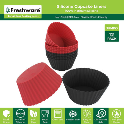 Freshware Cupcake Liners, Pack of 12 Silicone Muffin Cups, Baking Cups, Reusable & Non-stick Cupcake Liners for Party Halloween Christmas, Large Round