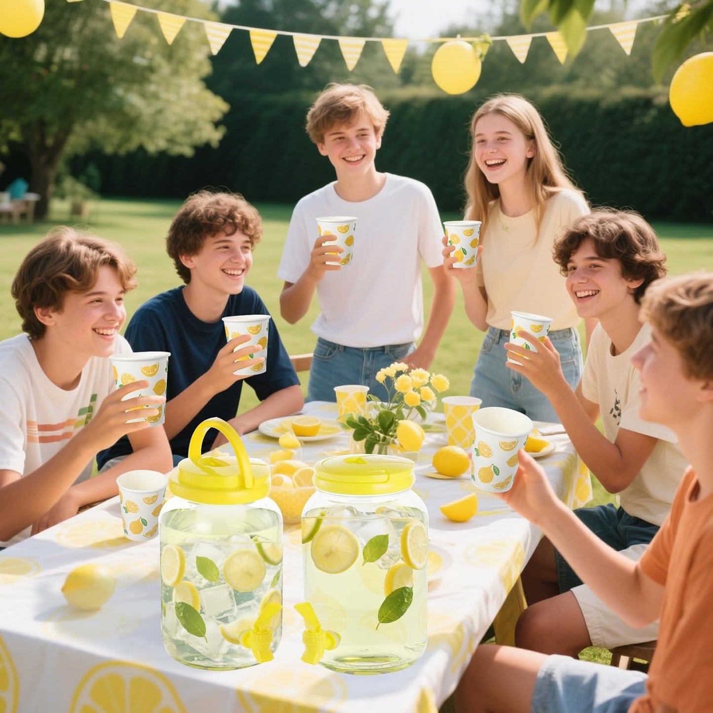 2 Pcs Plastic Beverage Dispenser with Spigot and 40 Pcs Lemon Paper Party Cups Kitchen Fridge Clear Plastic Drink Summer Beverage Dispenser for Summer Parties Water Lemon Juice Tea Beer