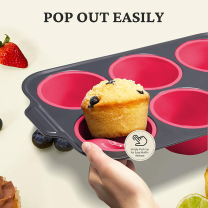 BRONYPRO Silicone Muffin Pans for Baking with Metal Frame, Egg Bite Molds, Cupcake Pans 12 Regular Size, Muffin Tins Easy to Pop Nonstick Non Toxic Bakeware for Oven,Blue