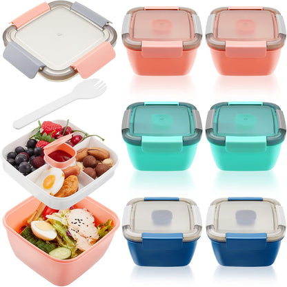 Tessco for you 6 Pcs Salad Lunch Container 50 oz Salad Container with 3 Compartment Reusable Bento Box for Adults Stackable Lunch Bowl for Meal Snack Fruit(Pink)
